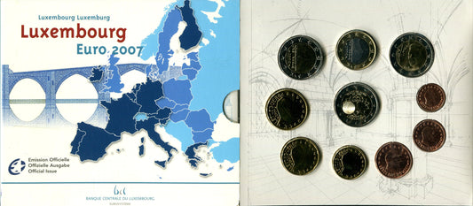 Luxemburgo - 2007 - Monedas Euros en cartera oficial - FDC / MS - Cartera 2007 (10 monedas) incluye 2 € conmemorativos