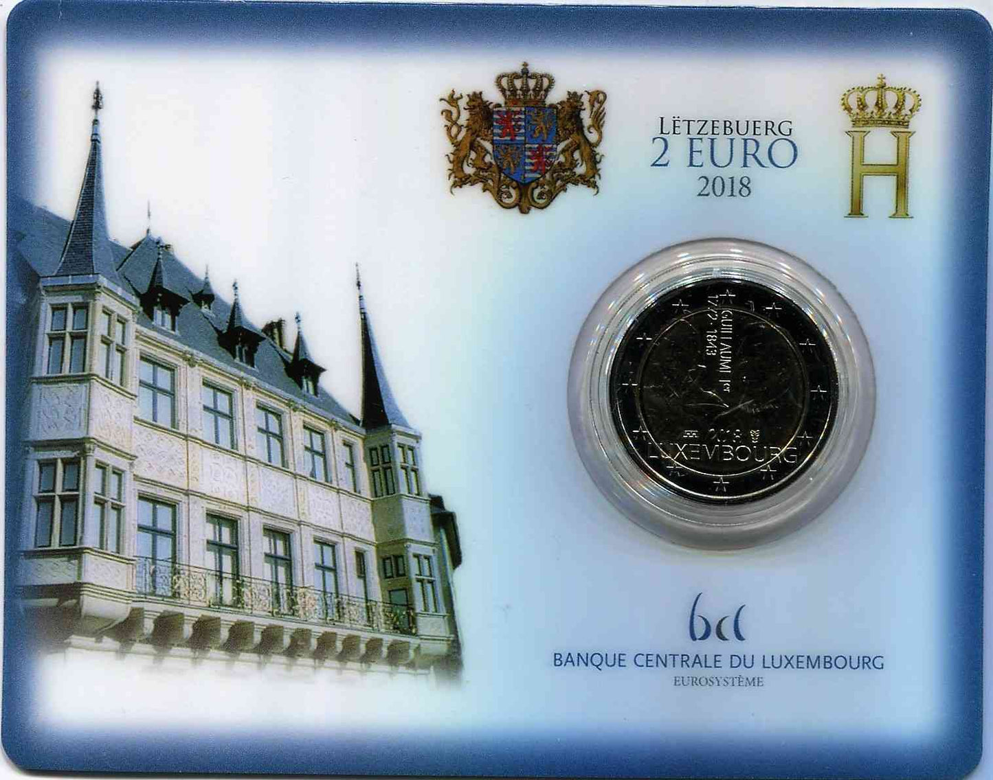 Luxemburgo - 2018 - Monedas Euros circulación - S/C / UNC - 2 € año 2018 / Ceca puente / Gran Duque Guillermo I / En Coin Card