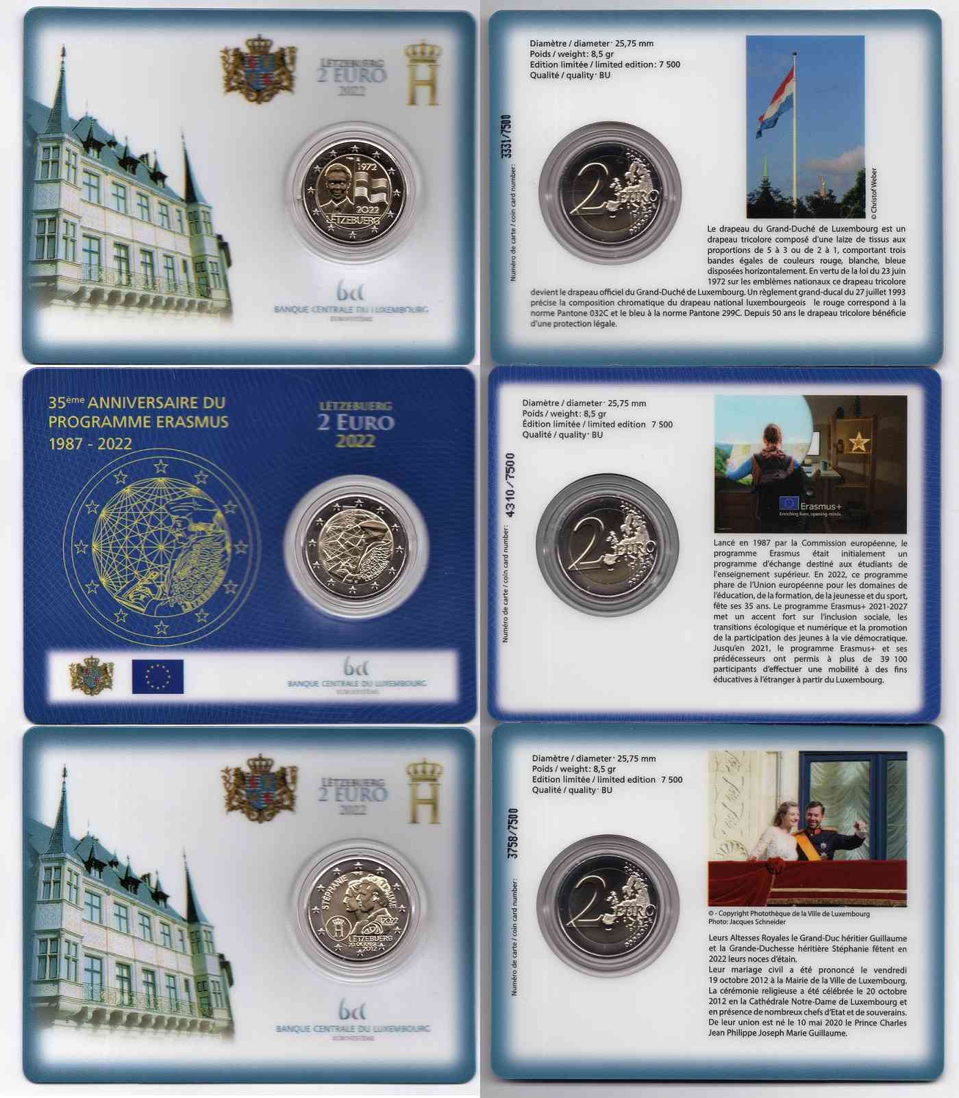 Luxemburgo - 2022 - Monedas Euros circulación - S/C / UNC - 2€ 2022 x 3 Coin Card Bandera - Boda y Erasmus / Ceca Paris y Erasmu