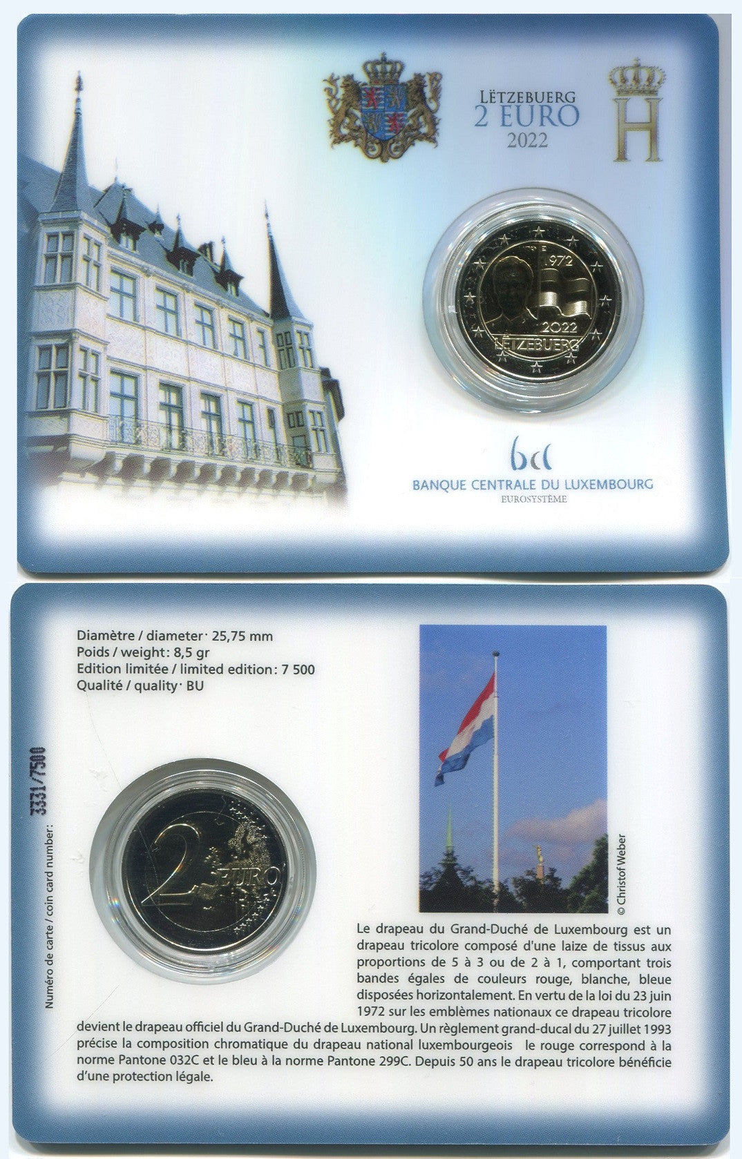 Luxemburgo - 2022 - Monedas Euros circulación - S/C / UNC - 2 € año 2022 / Bandera / Ceca Paris / Coin Card