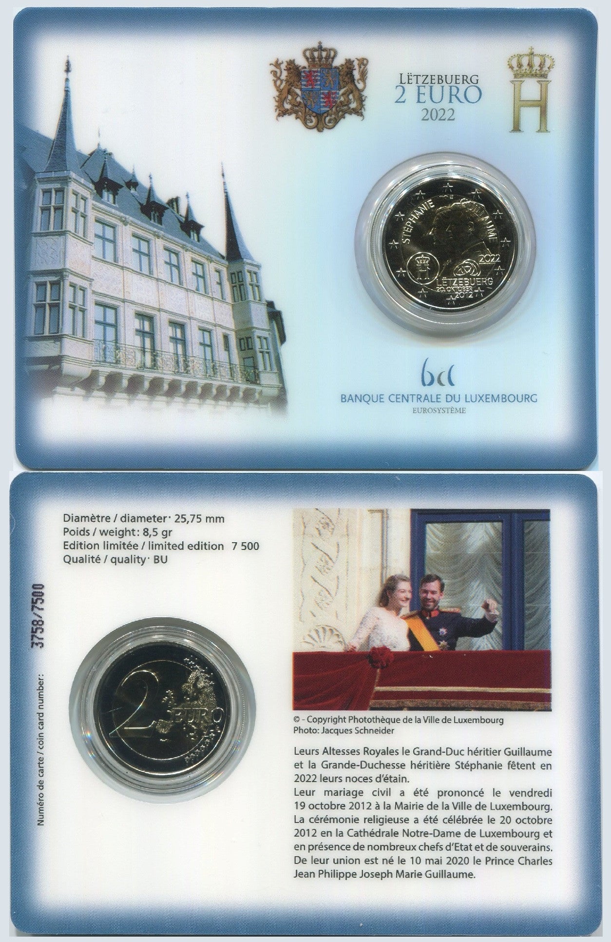 Luxemburgo - 2022 - Monedas Euros circulación - S/C / UNC - 2 € año 2022 / Boda / Ceca Paris / Coin Card