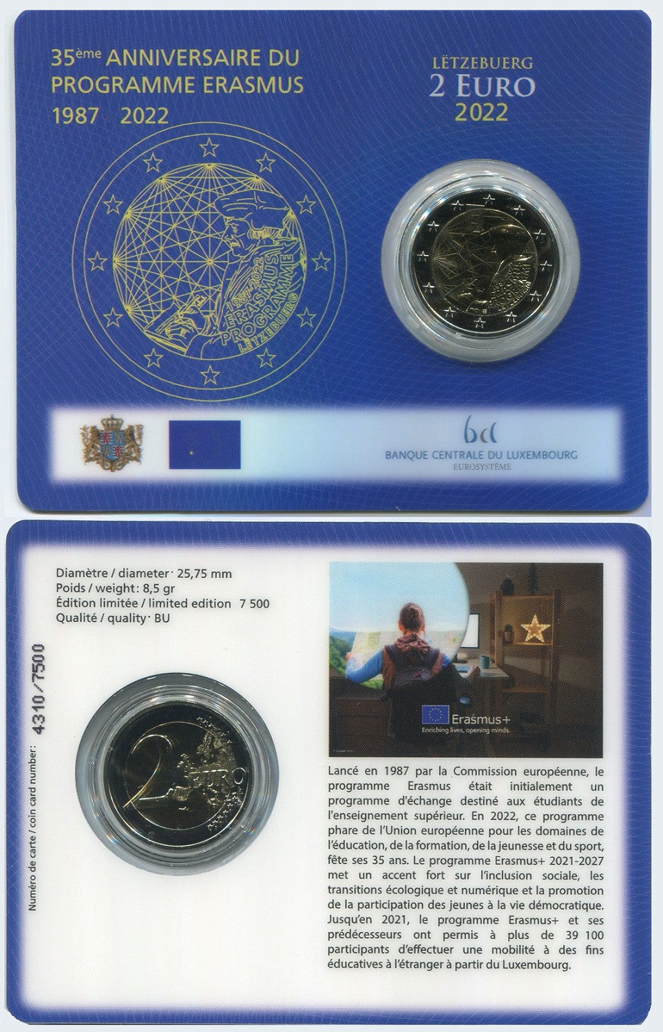 Luxemburgo - 2022 - Monedas Euros circulación - S/C / UNC - 2 € año 2022 / Erasmus-Diferente diseño / Coin Card