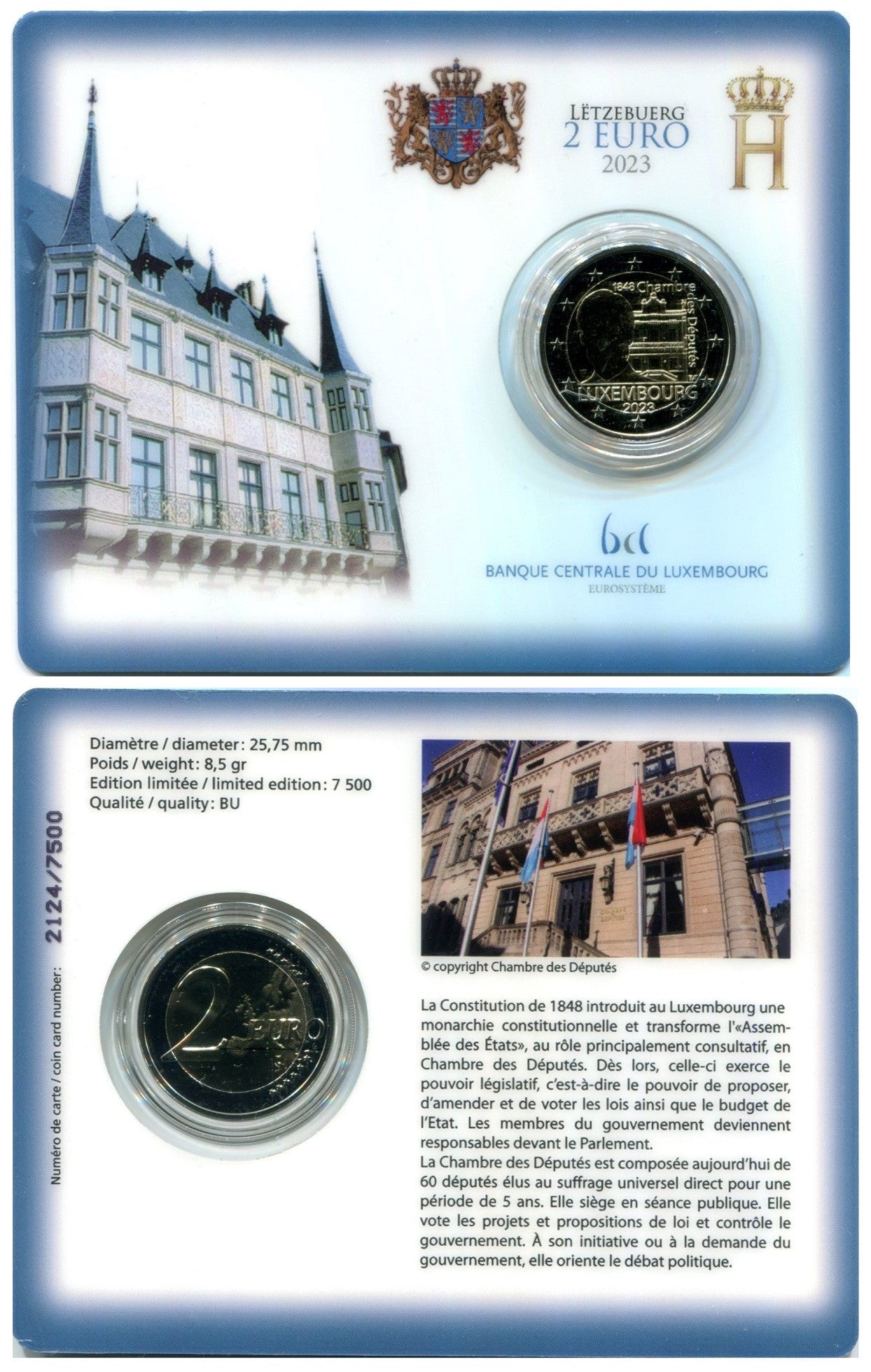 Luxemburgo - 2023 - Monedas Euros circulación - S/C / UNC - 2 € año 2023 / Cámara Diputados / Ceca Royal Dutcho Mint / Coin Card