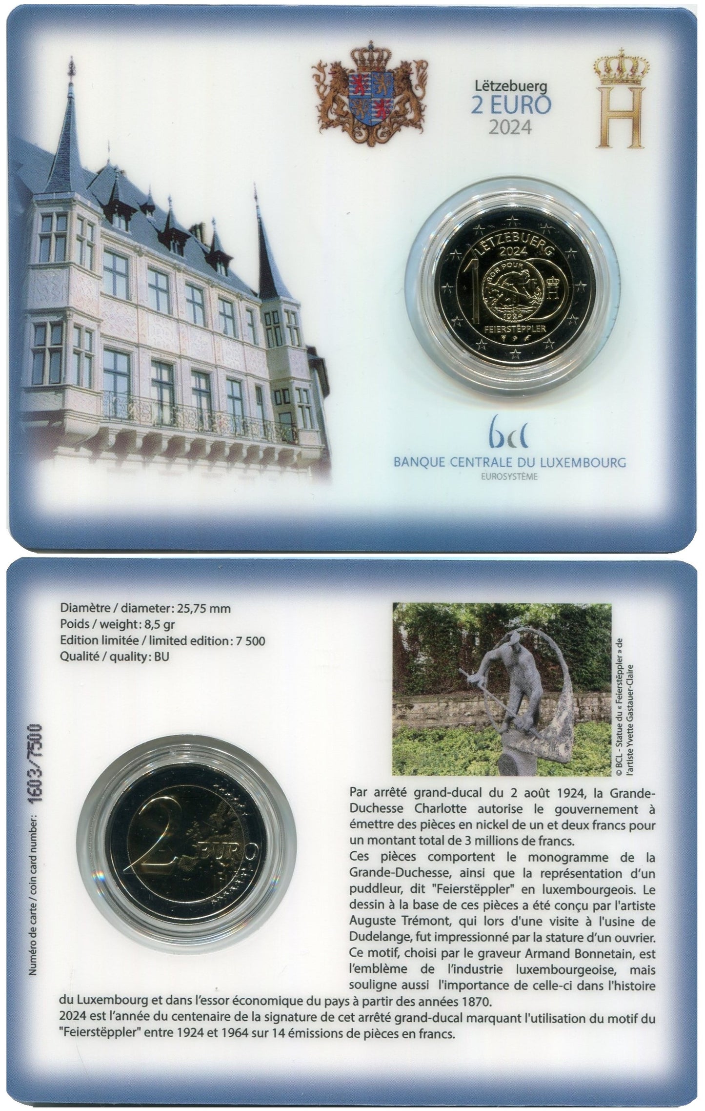 Luxemburgo - 2024 - Monedas Euros circulación - S/C / UNC - 2 € año 2024 / Feiersteppler / Coin Card