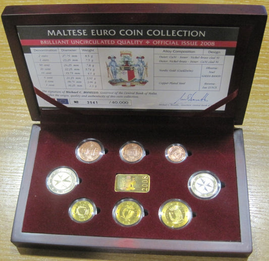 Malta - 2008 - Monedas Euros en cartera oficial - FDC / MS - Año 2008 en Estuche (8 monedas)