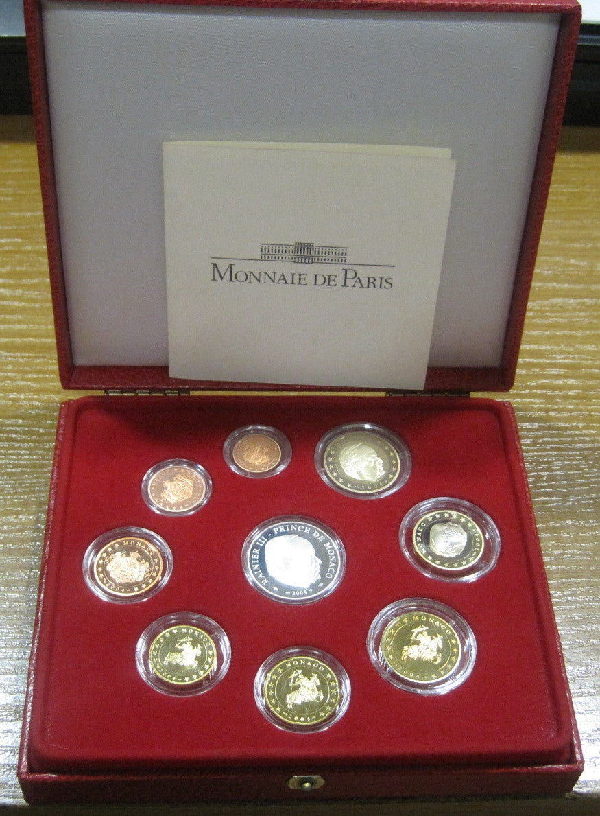 Mónaco - 2004 - Monedas Euros en cartera oficial - PROOF - Estuche 2004 (9 monedas una de plata)