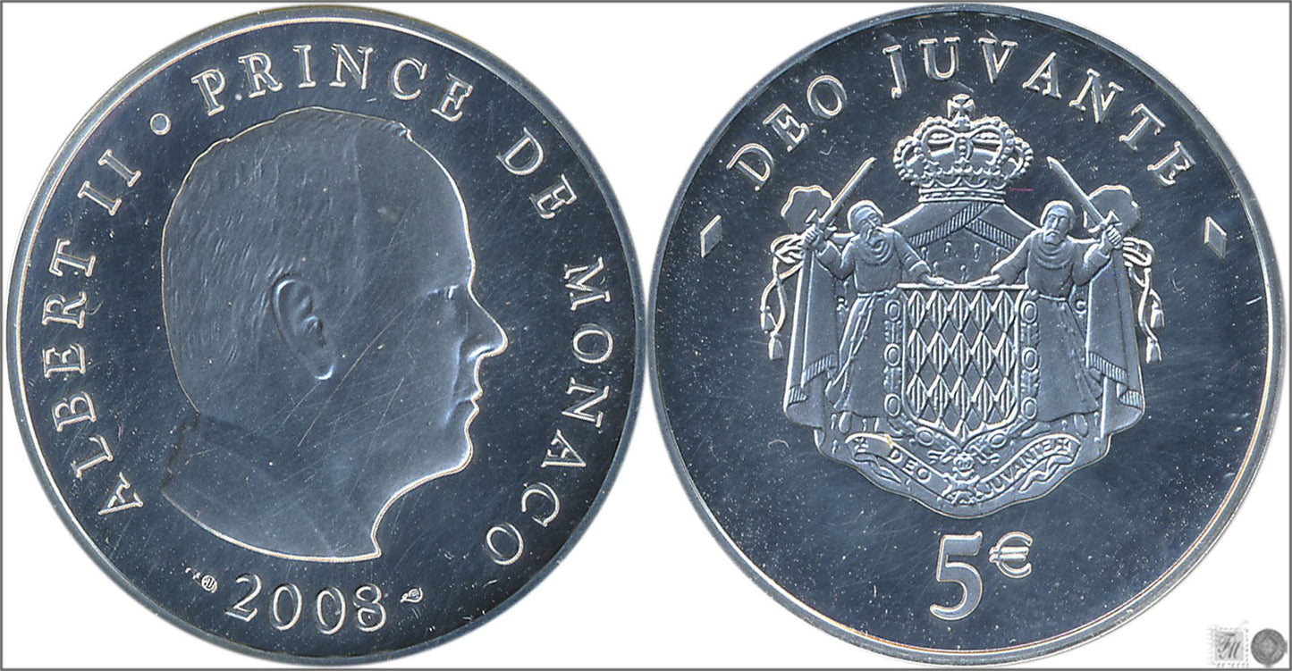 Mónaco - 2008 - Monedas euros en plata - FDC / MS - 5 € año 2008 / Alberto II / En estuche