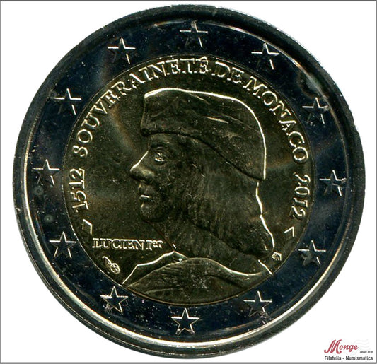 Mónaco - 2012 - Monedas Euros circulación - S/C / UNC - 2 € Año 2012 / Luciano 1º "500A de soberania de Monaco"