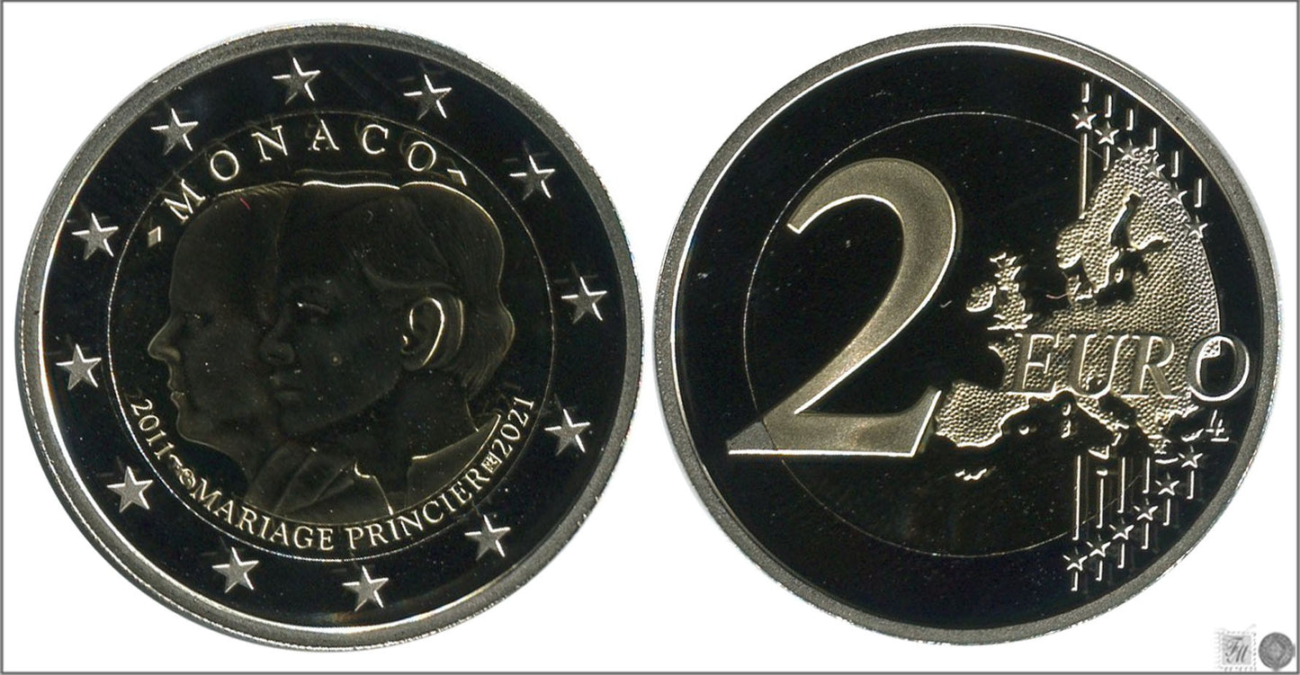 Mónaco - 2021 - Monedas Euros en cartera oficial - PROOF - 2 € año 2021 / 10ª aniv. Boda del Príncipe Alberto II y la Princesa C