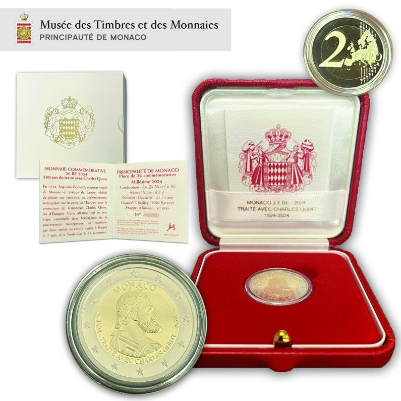 Mónaco - 2024 - Monedas Euros en cartera oficial - PROOF - 2 € año 2024 / 500 Aniversario del Principado de Monaco / Con estuche