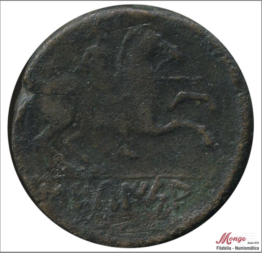 Mundo Antiguo - Iberica - Nº ACIP-1563 - BC / F - AS Sekaisa (Segeda-Zaragoza) A/ Cabeza Viril a dcha - R/ Jinete con lanza a dc