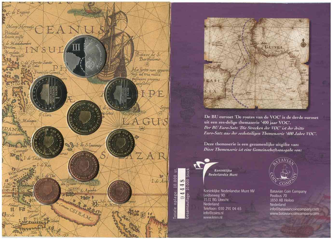 Paises Bajos - 2002 - Monedas Euros en cartera oficial - FDC / MS - Cartera 2002 (8 monedas+Geton plata) 400 Jaar Voc 1602-2002