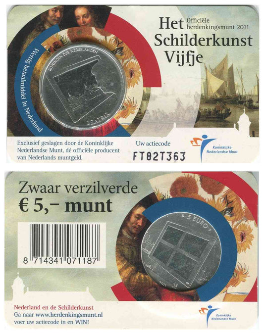 Paises Bajos - 2011 - Monedas euros en plata - FDC / MS - 5 € año 2011 / Beatrix / Het Schilderkunst Vijfje en Coin Card