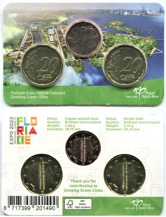 Paises Bajos - 2022 - Monedas Euros circulación - S/C / UNC - 0,02 y 0,20 (2) cent.año 2022 / Coin Card 3 monedas