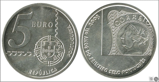 Portugal - 2003 - Monedas euros en plata - S/C / UNC - 5 € año 2003 150 aniv. prim.sello