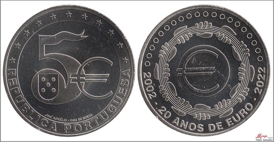 Portugal - 2022 - Monedas Euros circulación - S/C / UNC - 5 € Año 2022 / 20 Años del Euro