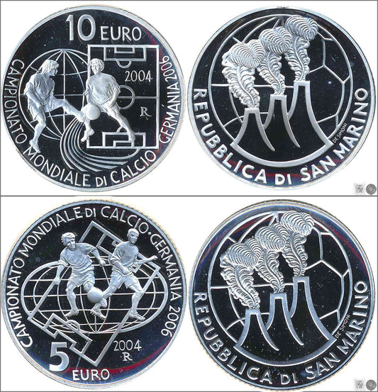 San Marino - 2004 - Monedas euros en plata - PROOF - 5 y 10 € año 2004 Mundial´04