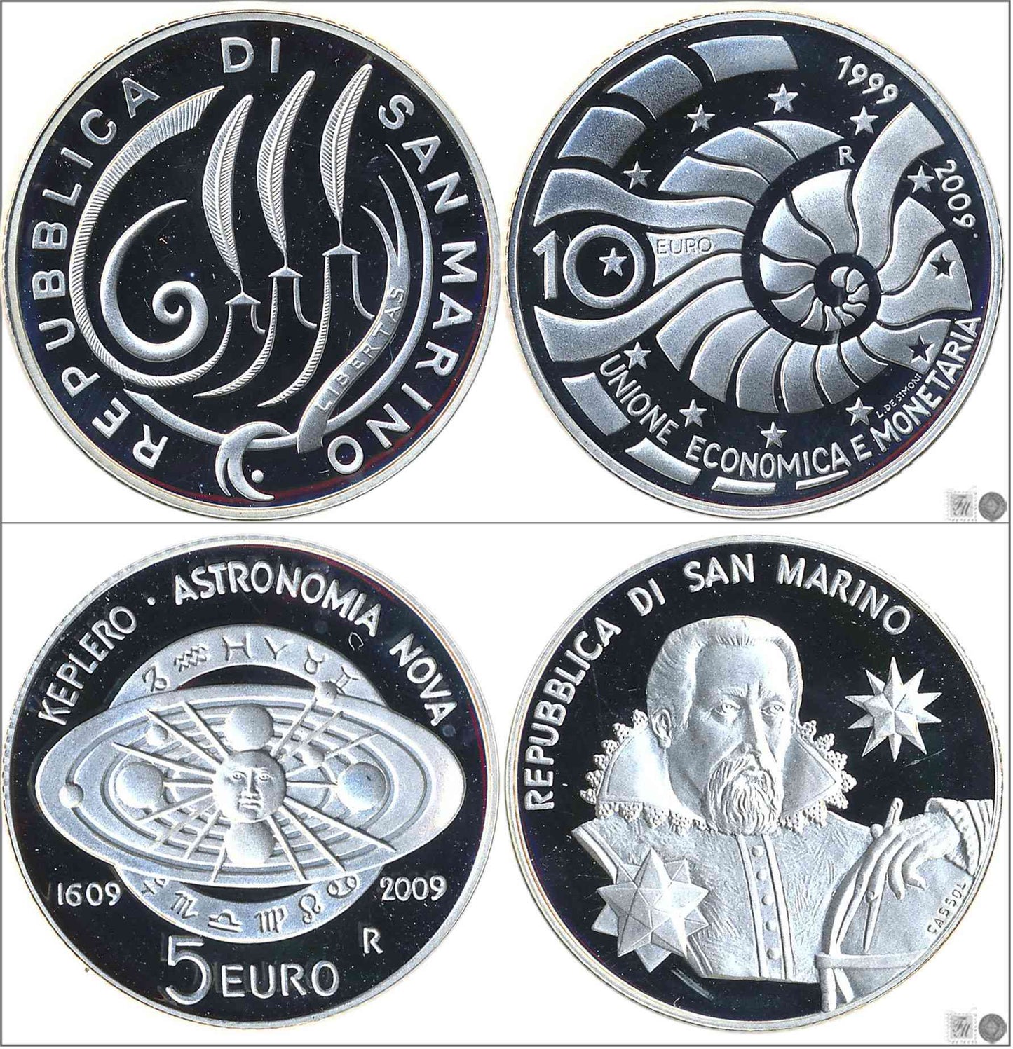 San Marino - 2009 - Monedas euros en plata - PROOF - 5 y 10 € Año 2009 / Atronomía e Inftrocucción al € / En estuches