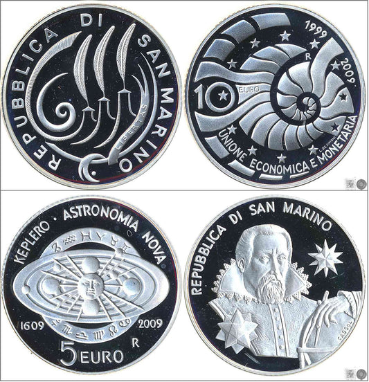 San Marino - 2009 - Monedas euros en plata - PROOF - 5 y 10 € Año 2009 / Atronomía e Inftrocucción al € / En estuches