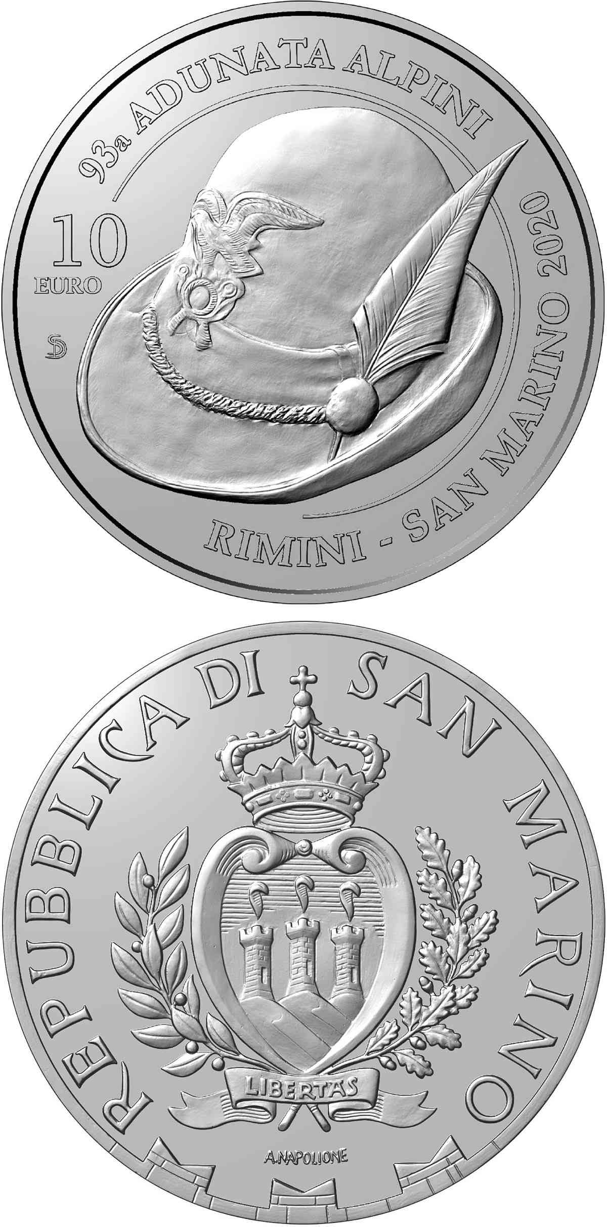 San Marino - 2020 - Monedas Euros circulación - S/C / UNC - 10 € Año 2020 / Adunata Alpini / Cobre