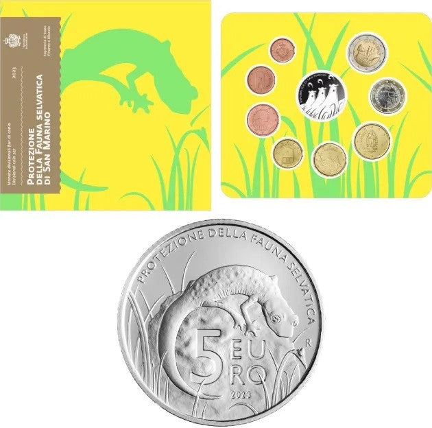 San Marino - 2023 - Monedas Euros en cartera oficial - FDC / MS - Cartera 2023 (9 monedas) con 5 € plata