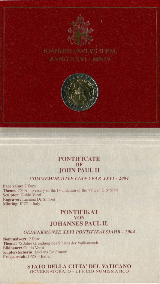 Vaticano - 2004 - Monedas Euros en cartera oficial - FDC / MS - 2 € Año 2004 75 Aniv. Fundación Ciudad del Vaticano