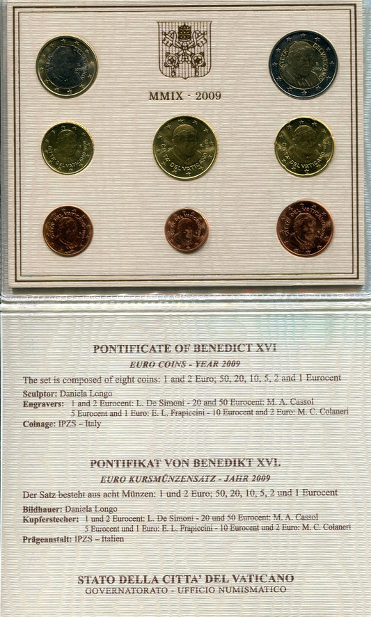 Vaticano - 2009 - Monedas Euros en cartera oficial - FDC / MS - Cartera 2009 (8 monedas)