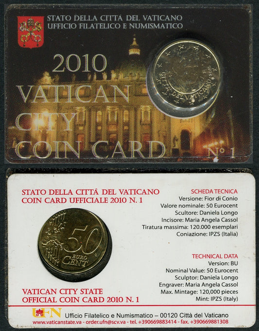 Vaticano - 2010 - Monedas Euros en cartera oficial - FDC / MS - 50 Centimos año 2010 / Coin Card nº 1 / Benedicto XVI