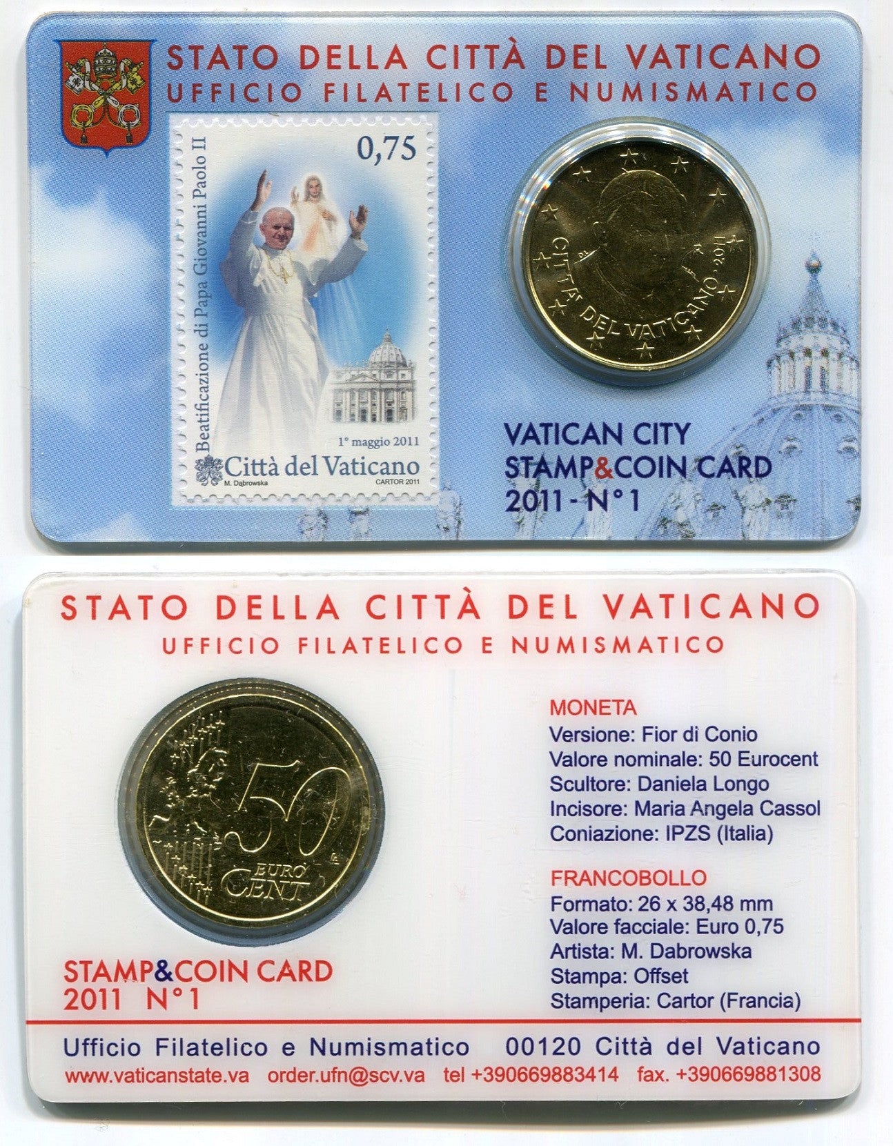 Vaticano - 2011 - Monedas Euros en cartera oficial - FDC / MS - 50 Centimos año 2011 / Stamp Coin Card nº 1