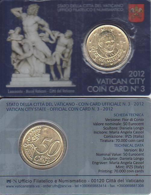 Vaticano - 2012 - Monedas Euros en cartera oficial - FDC / MS - 50 Centimos año 2012 / Coin Card nº 3 / Benedicto XVI