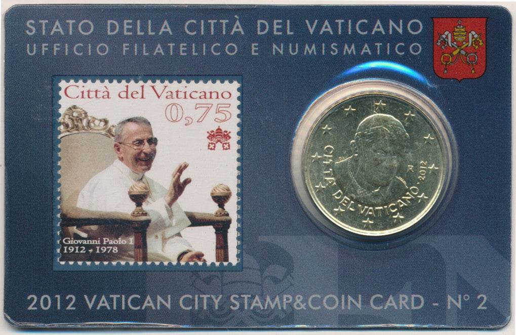 Vaticano - 2012 - Monedas Euros en cartera oficial - FDC / MS - 50 Centimos año 2012 / Stamp-Coin Card nº 2 / Juan Pablo I y Ben