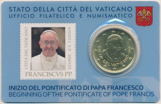 Vaticano - 2013 - Monedas Euros en cartera oficial - FDC / MS - 50 Centimos año 2013 / Stamp-Coin Card nº 3 / Inicio Pontificado