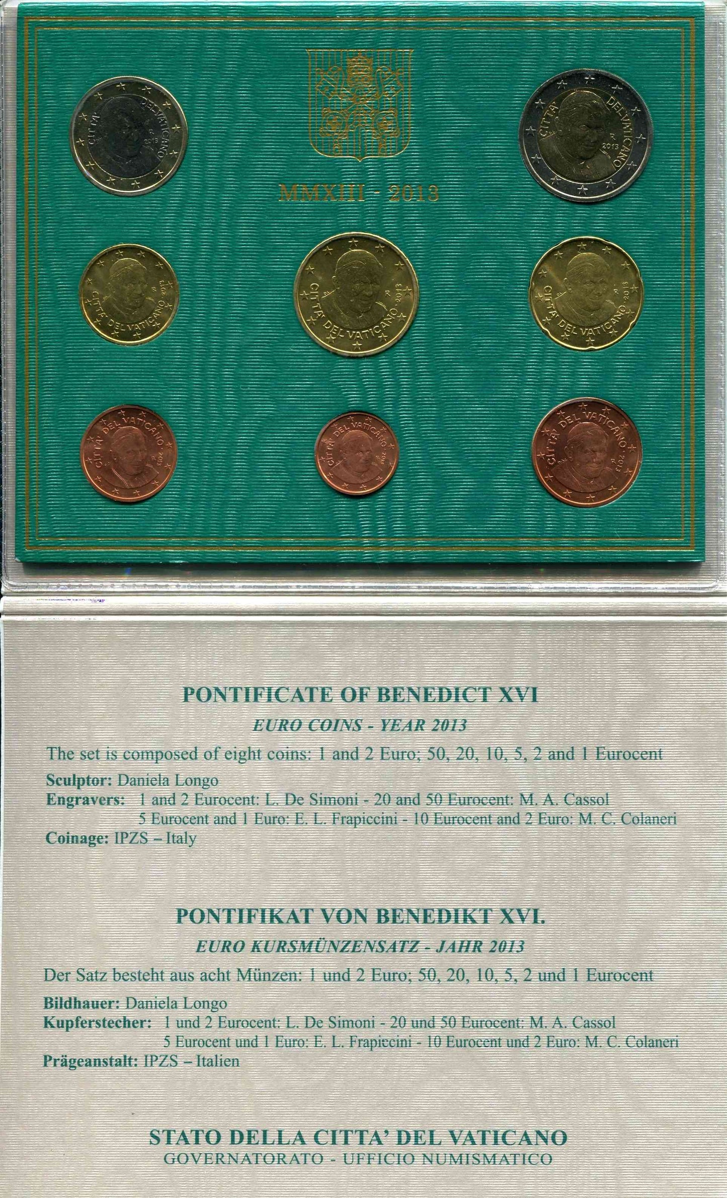 Vaticano - 2013 - Monedas Euros en cartera oficial - FDC / MS - Cartera Año 2013 (8 monedas) / Benedicto XVI