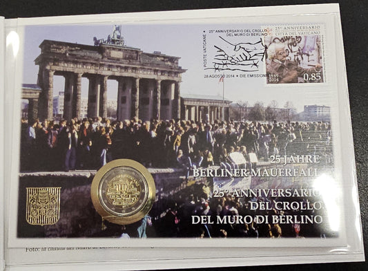 Vaticano - 2014 - Monedas Euros en cartera oficial - FDC / MS - 2 € Año 2014 / Muro de Berlin con sellos y hojita