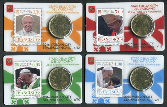 Vaticano - 2016 - Monedas Euros en cartera oficial - FDC / MS - 50 Centimos año 2016 / Stamp and Coin Card nº 10/13 / 4 piezas /