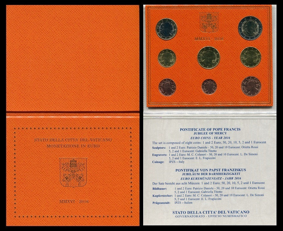 Vaticano - 2016 - Monedas Euros en cartera oficial - FDC / MS - Cartera Año 2016 (8 monedas)