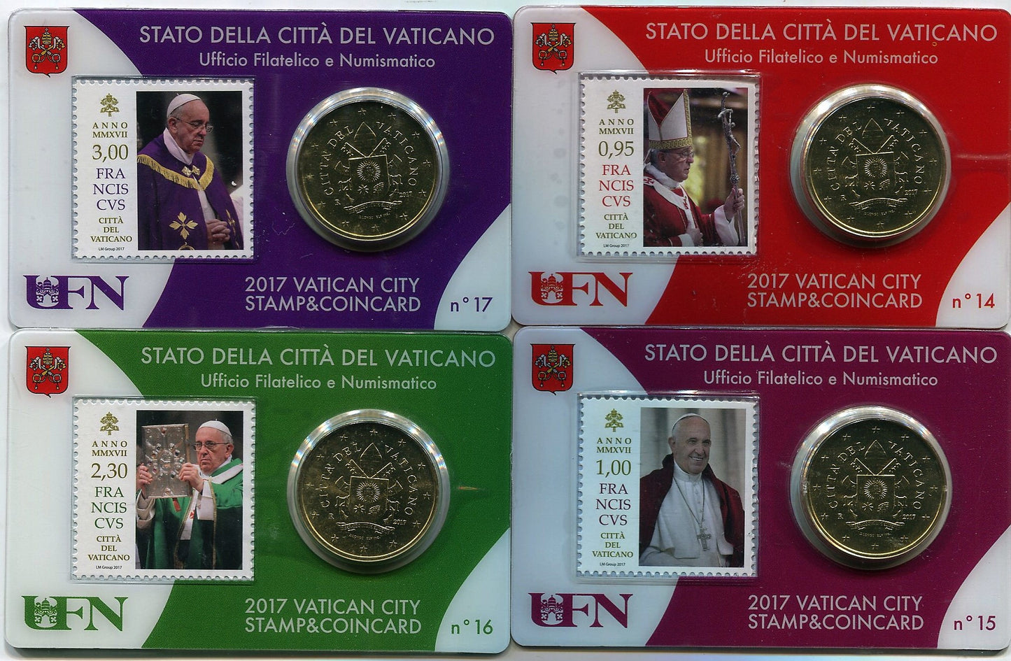 Vaticano - 2017 - Monedas Euros en cartera oficial - FDC / MS - 50 Centimos año 2017 / Stamp and Coin Card nº 14/17 / 4 piezas /