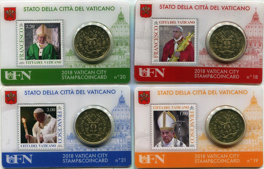 Vaticano - 2018 - Monedas Euros en cartera oficial - FDC / MS - 50 Centimos año 2018 / Stamp and Coin Card nº 18/21 / 4 piezas /