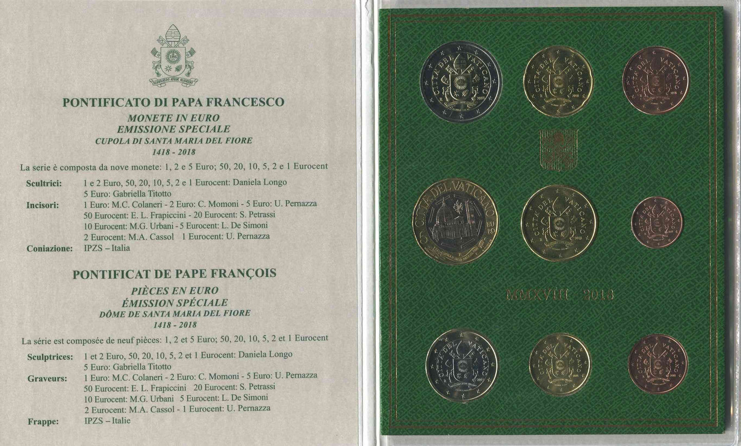 Vaticano - 2018 - Monedas Euros en cartera oficial - FDC / MS - Cartera Año 2018 (9 monedas) Incluye moneda 5 €.