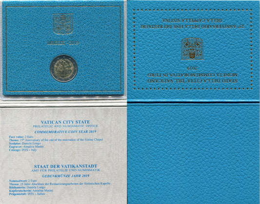 Vaticano - 2019 - Monedas Euros en cartera oficial - FDC / MS - 2 € año 2019 / 25 Aniv. Restauracion Capilla Sixtina