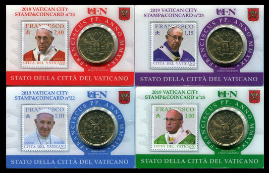 Vaticano - 2019 - Monedas Euros en cartera oficial - FDC / MS - 50 Centimos año 2019 / Stamp Coin Card nº 22 a 25 / Papa Francis