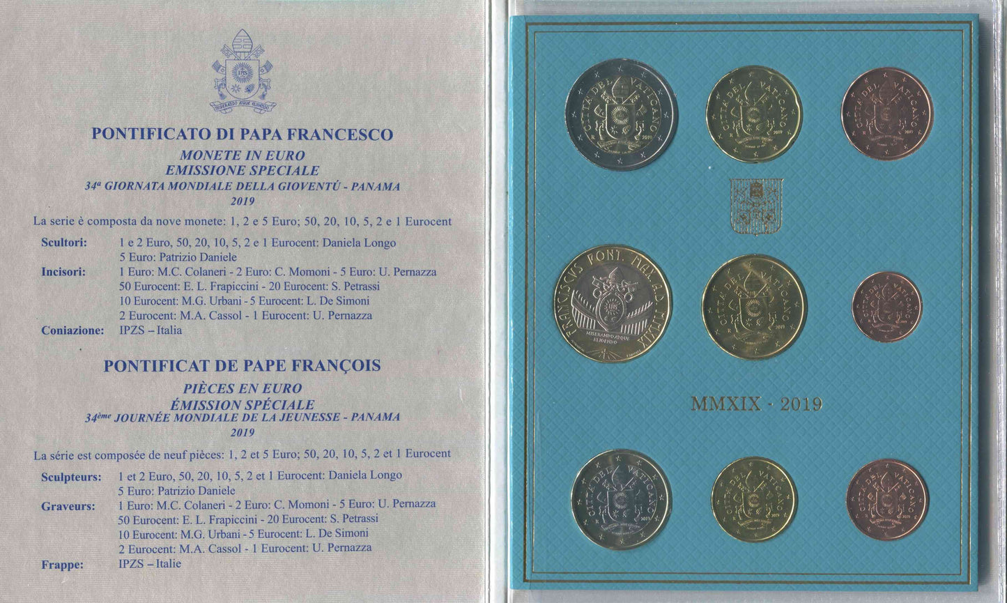 Vaticano - 2019 - Monedas Euros en cartera oficial - FDC / MS - Cartera Año 2019 (9 monedas) Incluye moneda 5 €.