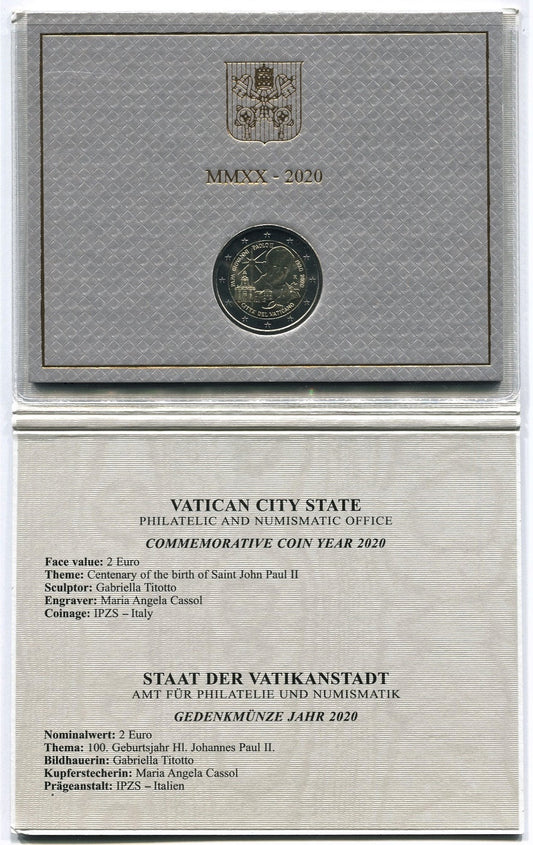 Vaticano - 2020 - Monedas Euros en cartera oficial - FDC / MS - 2 € año 2020 / 100 Anv nacimiento de San Juan Pablo II