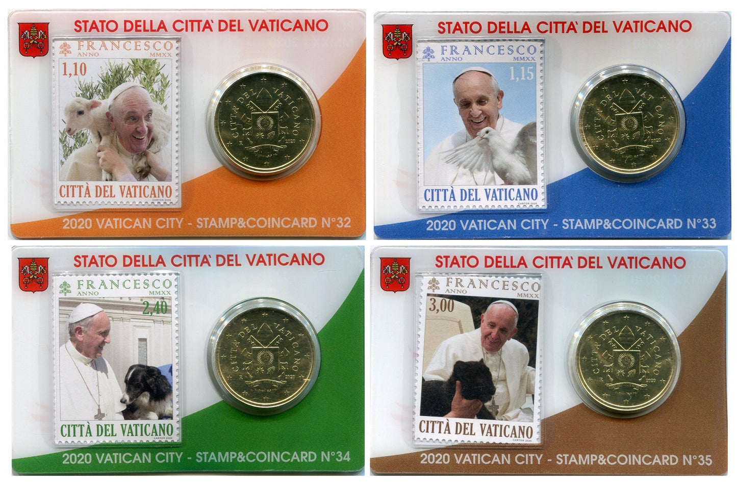 Vaticano - 2020 - Monedas Euros en cartera oficial - FDC / MS - 50 Centimos año 2020 / Stamp Coin Card nº 32 a 35 / Papa Francis