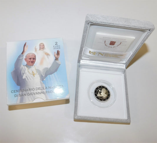 Vaticano - 2020 - Monedas Euros en cartera oficial - PROOF - 2 € año 2020 / 100 Anv nacimiento de San Juan Pablo II / En estuche