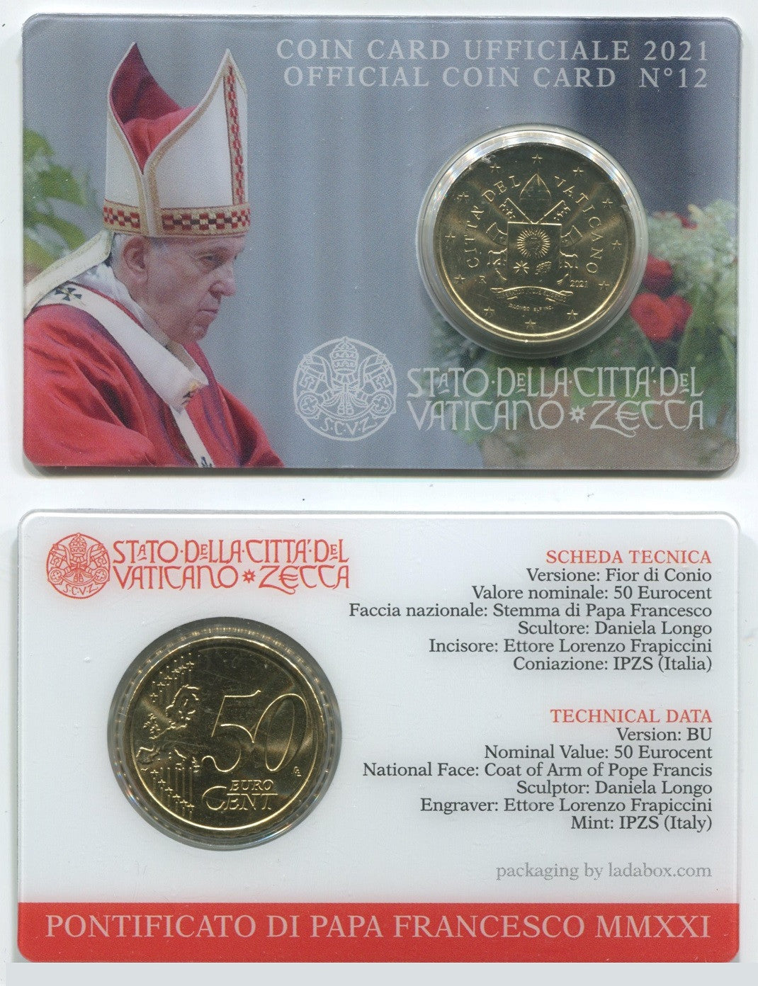 Vaticano - 2021 - Monedas Euros en cartera oficial - FDC / MS - 50 Centimos año 2021 / Coin Card nº 12 / Papa Francisco