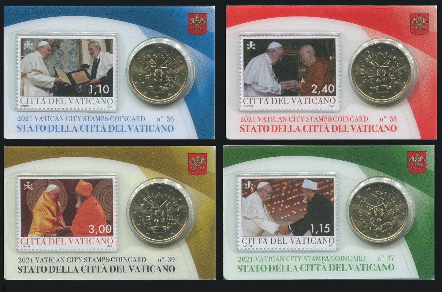 Vaticano - 2021 - Monedas Euros en cartera oficial - FDC / MS - 50 Centimos año 2021 / Stamp Coin Card nº 36 a 39 / Papa Francis