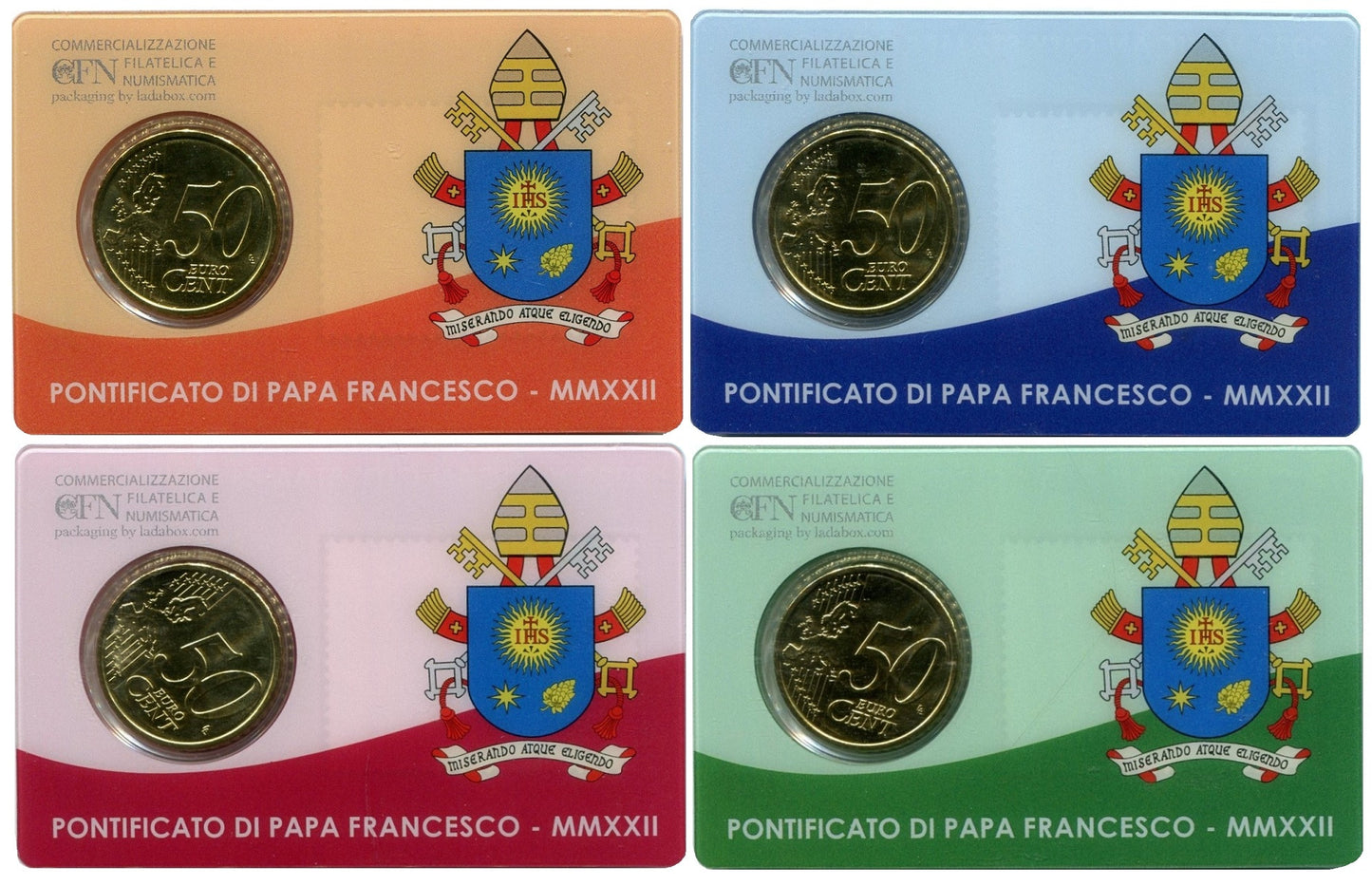 Vaticano - 2022 - Monedas Euros en cartera oficial - FDC / MS - 50 Centimos año 2022 / Stamp Coin Card nº 40 a 43 / Papa Francis