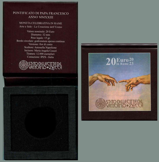 Vaticano - 2023 - Monedas Euros circulación - S/C / UNC - Estuche para moneda - 20 € Año 2023 / La Creación del Hombre (Adan)