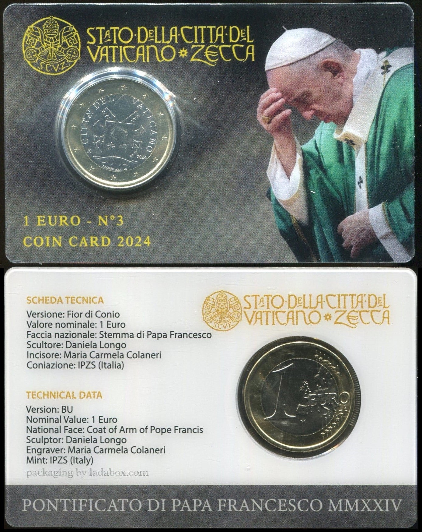 Vaticano - 2024 - Monedas Euros en cartera oficial - FDC / MS - 1 € año 2024 / Coin Card nº 3 / Papa Francisco